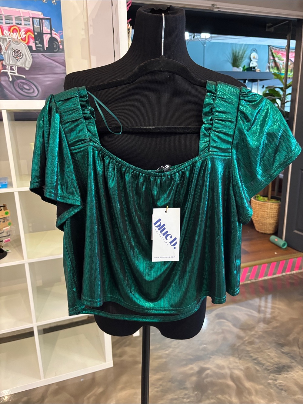 Blue B. Metallic Emerald Crop Top with Ruffle Straps